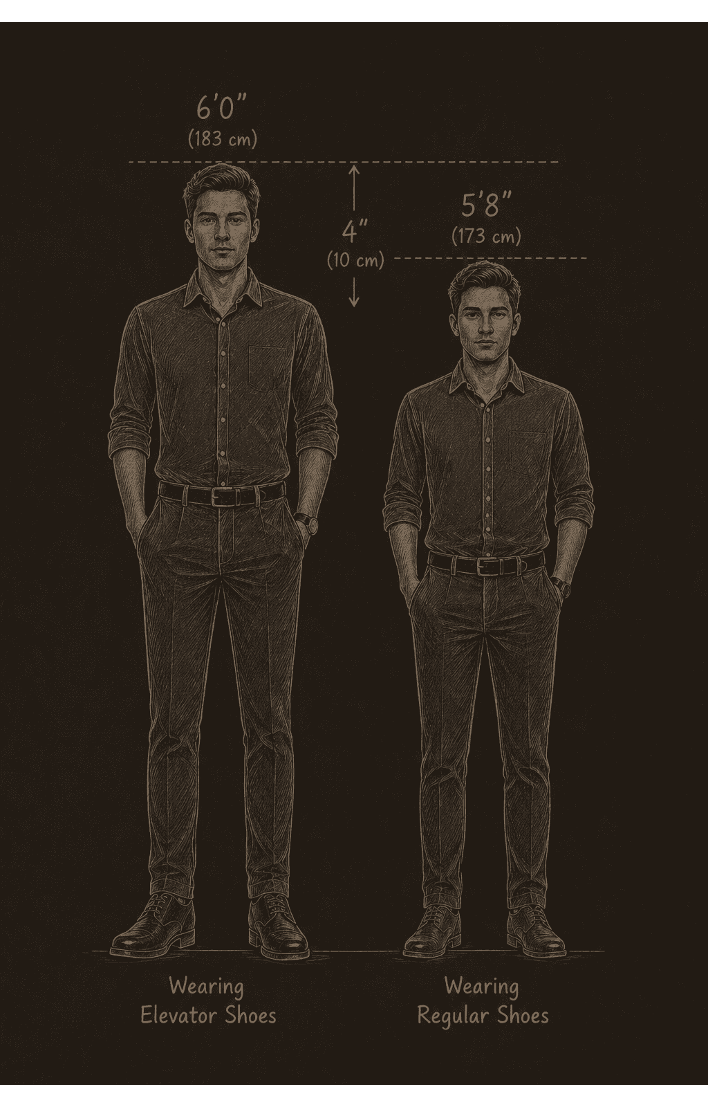 Height comparison with and without elevator shoes